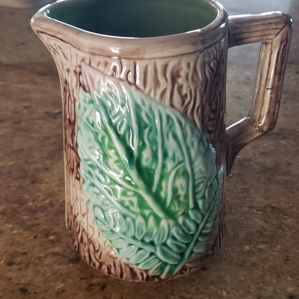Antique Majoica Begonia Fern Leaf Rustic Tree Bark Planter Vase, Decor Pitcher - Picture 4 of 16